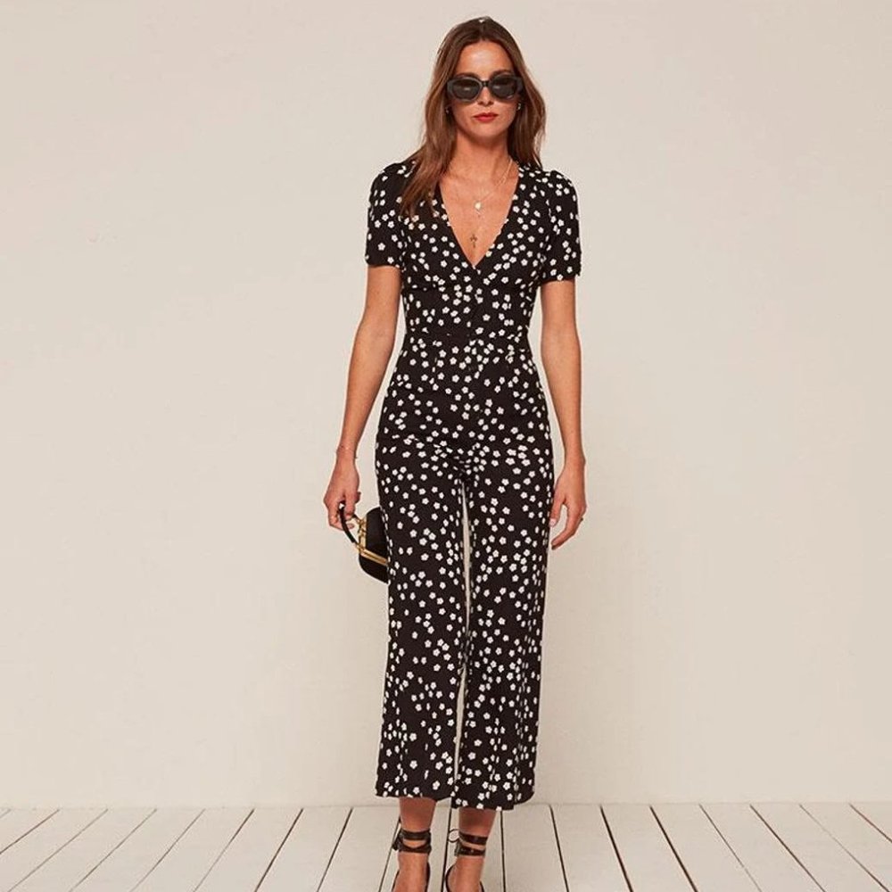 Reformation France Jumpsuit Navy Blue Floral 0